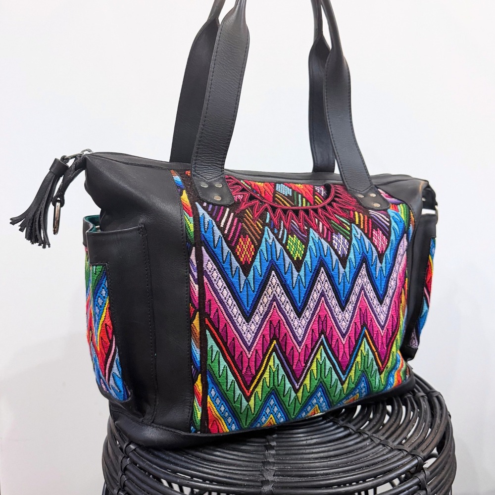 Amara Collective Huipil Leather Tote Bag Black Guatemalan Artisan Boho